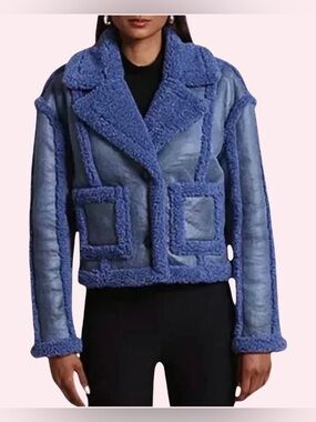 7 For All Mankind Faux Shearling Cropped Jacket Blue Teddy Moto Coat XS NWT